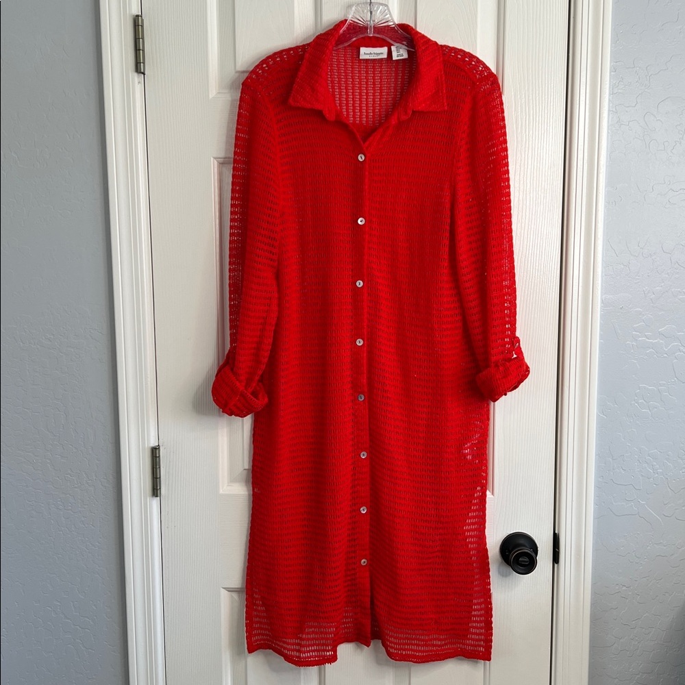 Haute Hippie Style red long sleeve button up swim coverup open knit Large - Picture 3 of 11